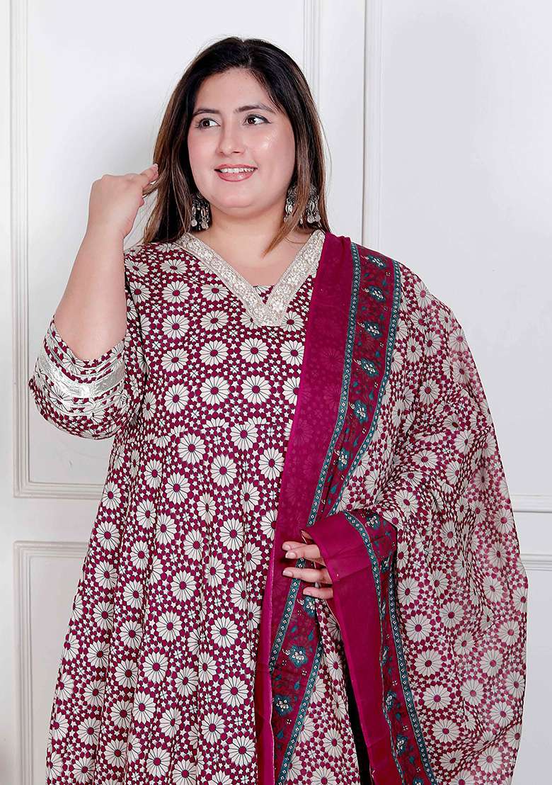 CREAM Embroidery Cotton Anarkali Kurta With Dupatta - Indya