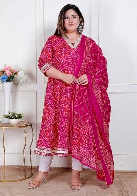 Pink Embroidery Cotton Anarkali Kurta With Dupatta