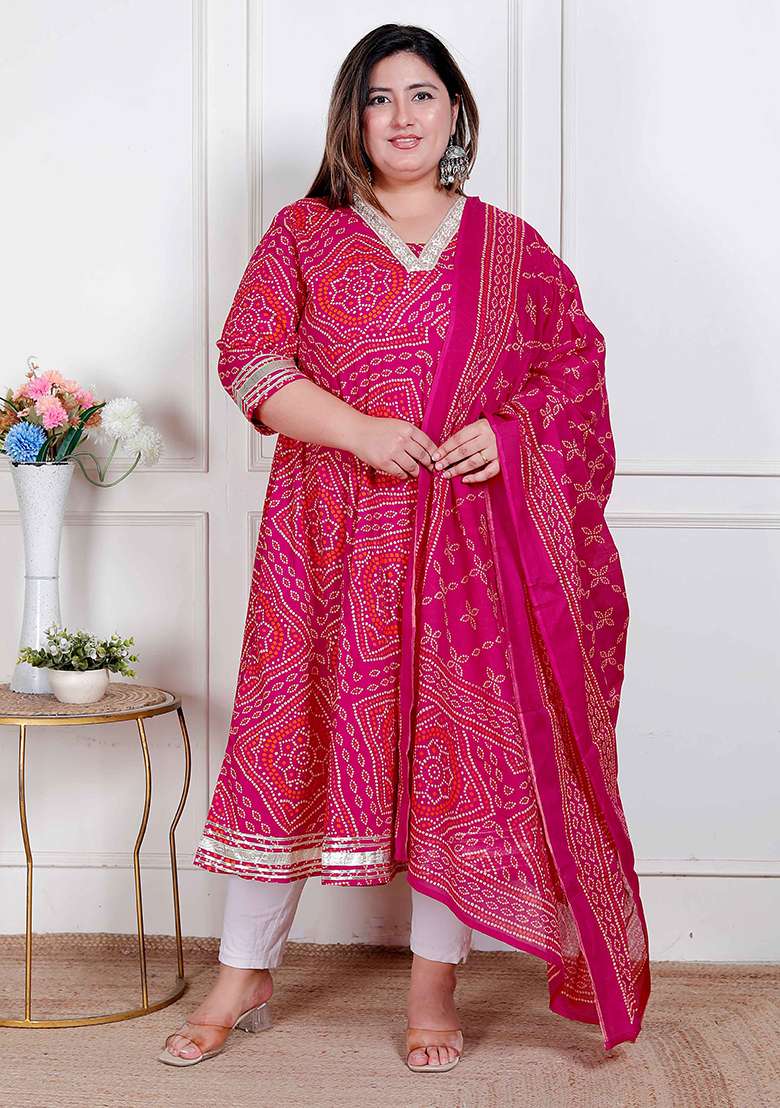 Pink Embroidery Cotton Anarkali Kurta With Dupatta - Indya