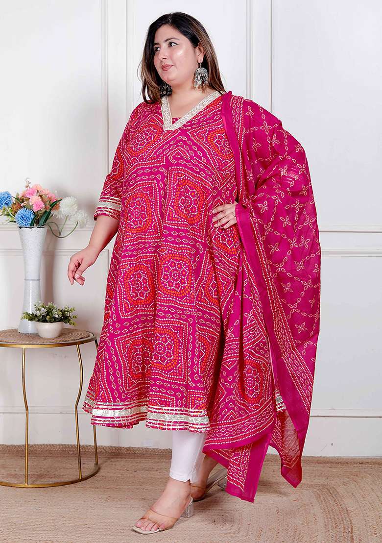 Pink Embroidery Cotton Anarkali Kurta With Dupatta - Indya