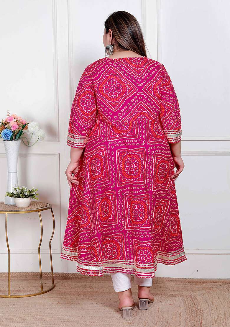 Pink Embroidery Cotton Anarkali Kurta With Dupatta - Indya