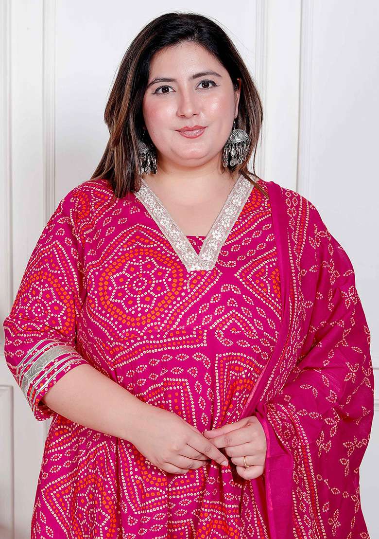 Pink Embroidery Cotton Anarkali Kurta With Dupatta - Indya