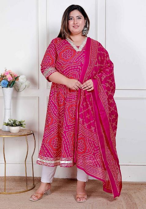 Pink Embroidery Cotton Anarkali Kurta With Dupatta