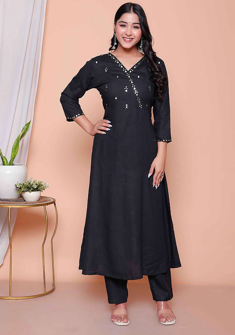 Black Mirror Work Rayon A Line Kurta Set - Indya