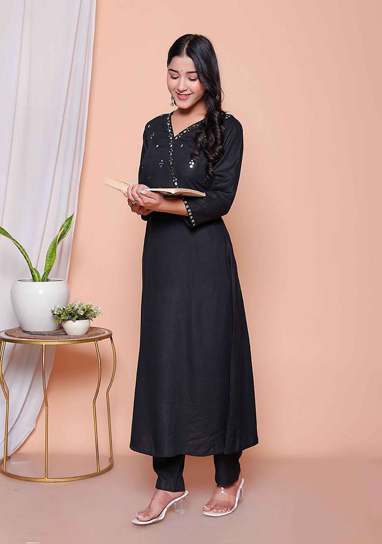 Black Mirror Work Rayon A Line Kurta Set - Indya