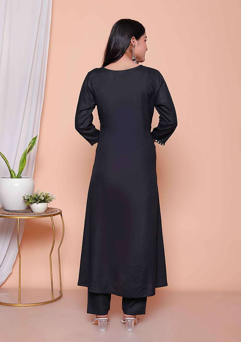 Black Mirror Work Rayon A Line Kurta Set - Indya