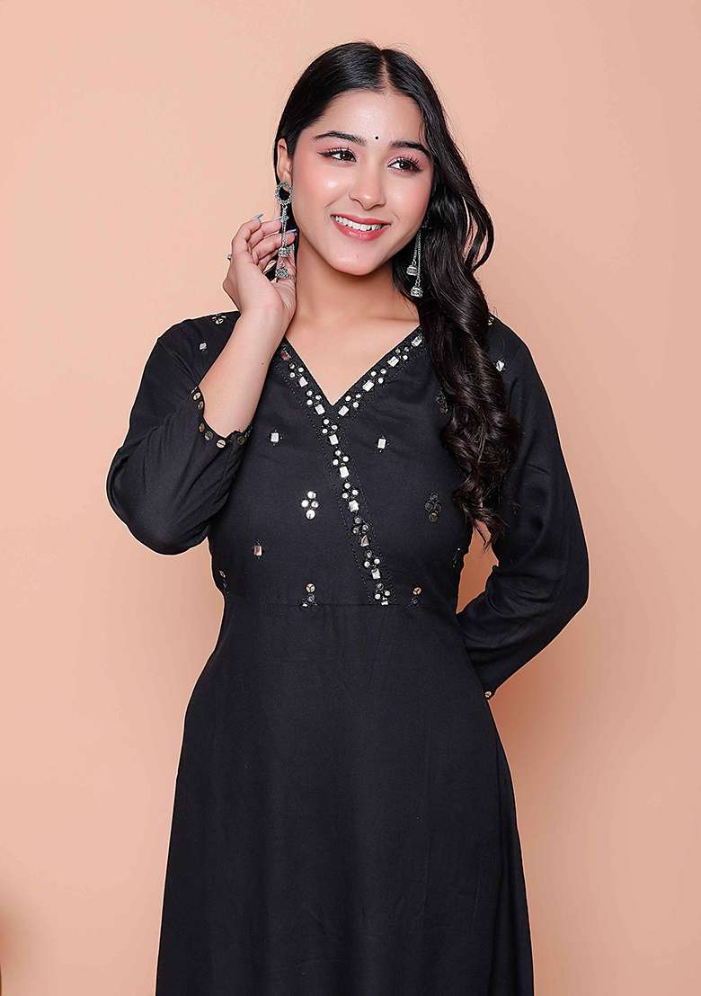 Black Mirror Work Rayon A Line Kurta Set - Indya
