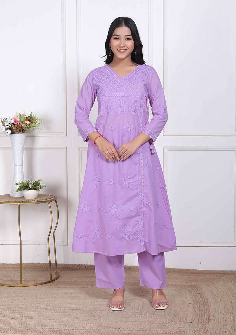 Lavender Chikankari Cotton A Line Kurta Set - Indya