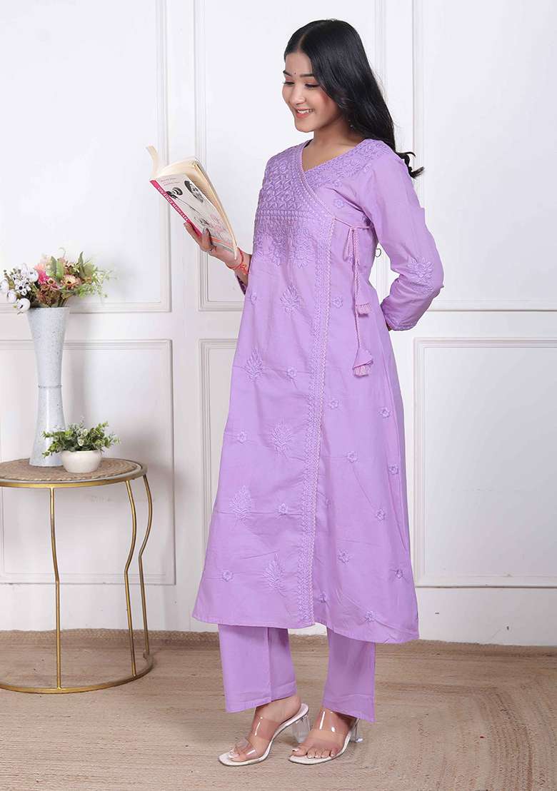 Lavender Chikankari Cotton A Line Kurta Set - Indya