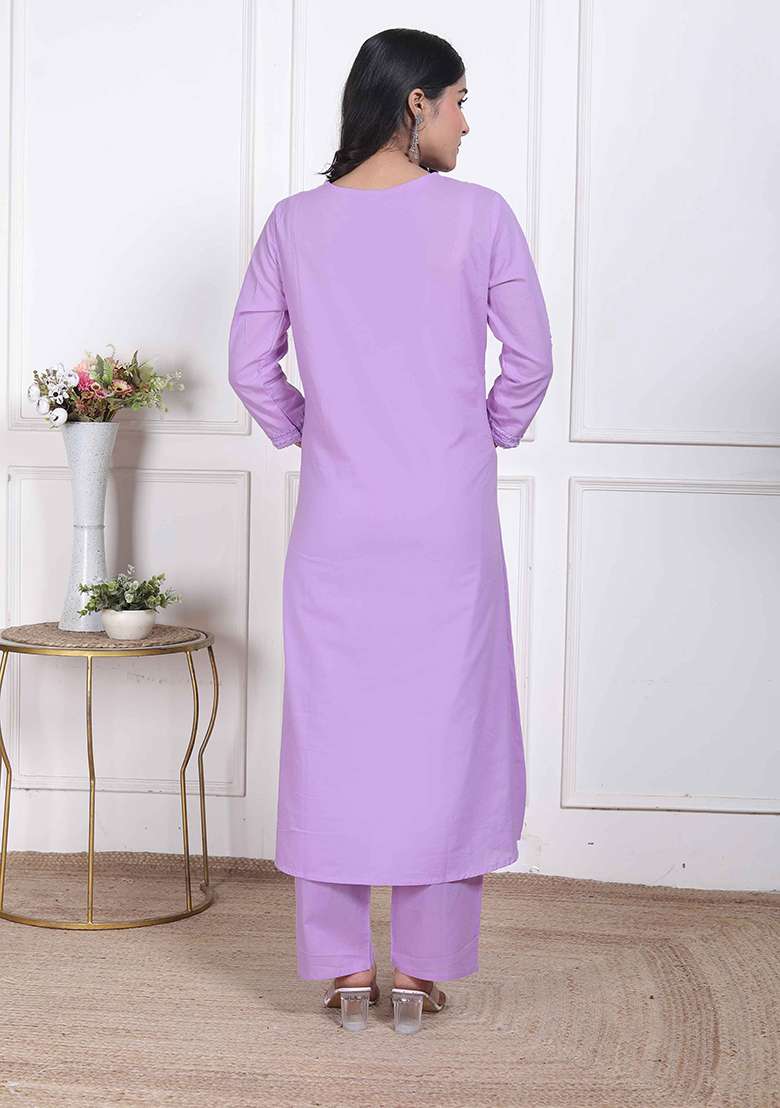Lavender Chikankari Cotton A Line Kurta Set - Indya