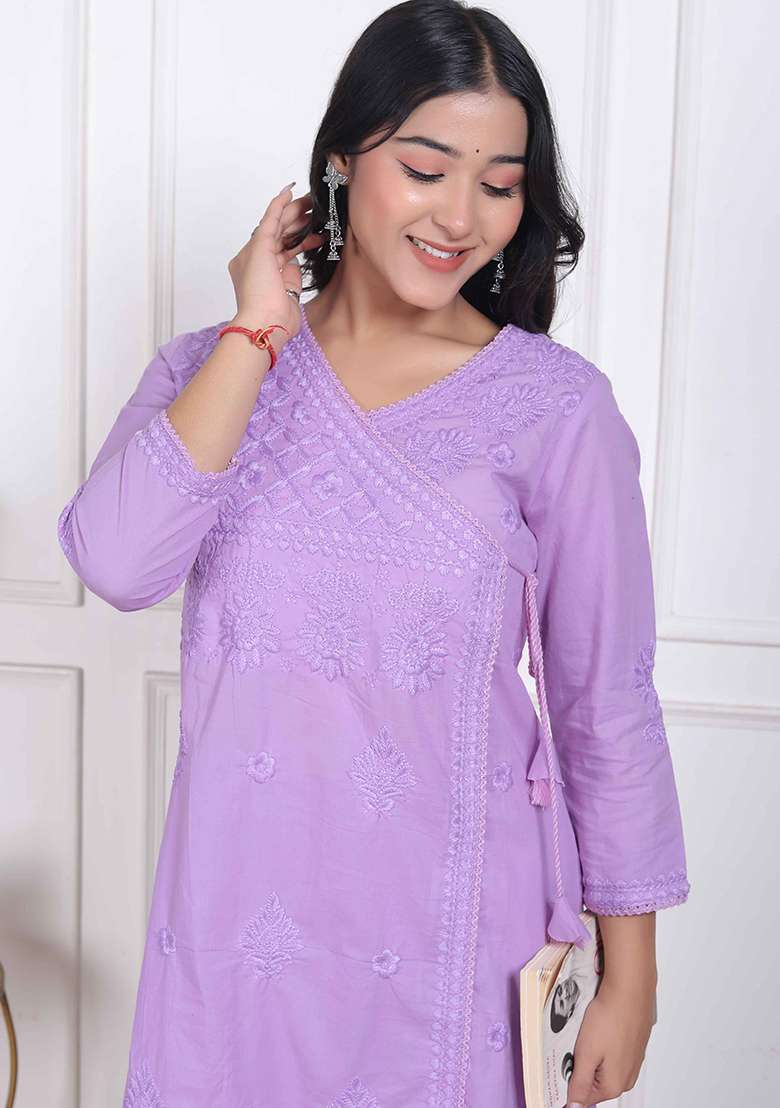 Lavender Chikankari Cotton A Line Kurta Set - Indya