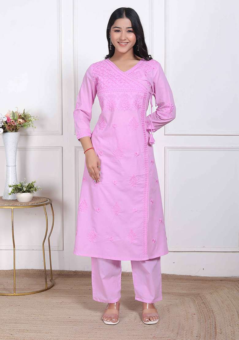 Pink Chikankari Cotton Straight Kurta Set - Indya