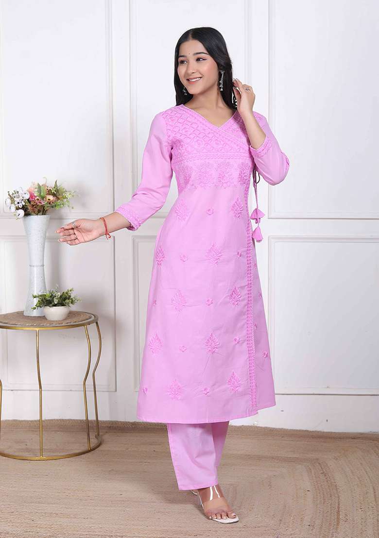 Pink Chikankari Cotton Straight Kurta Set - Indya