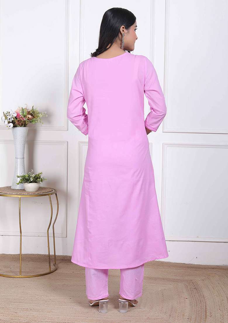 Pink Chikankari Cotton Straight Kurta Set - Indya