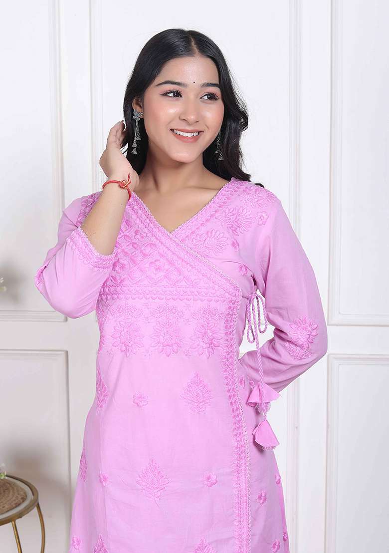 Pink Chikankari Cotton Straight Kurta Set - Indya