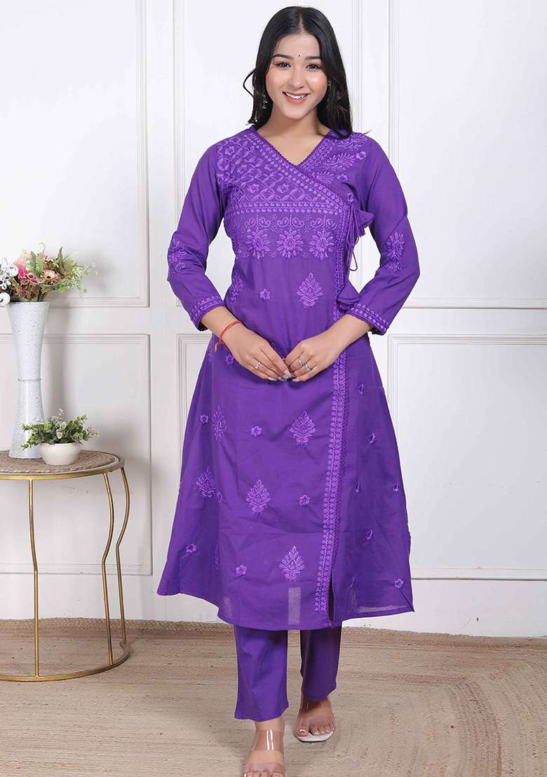 Purple Chikankari Cotton Straight Kurta Set - Indya