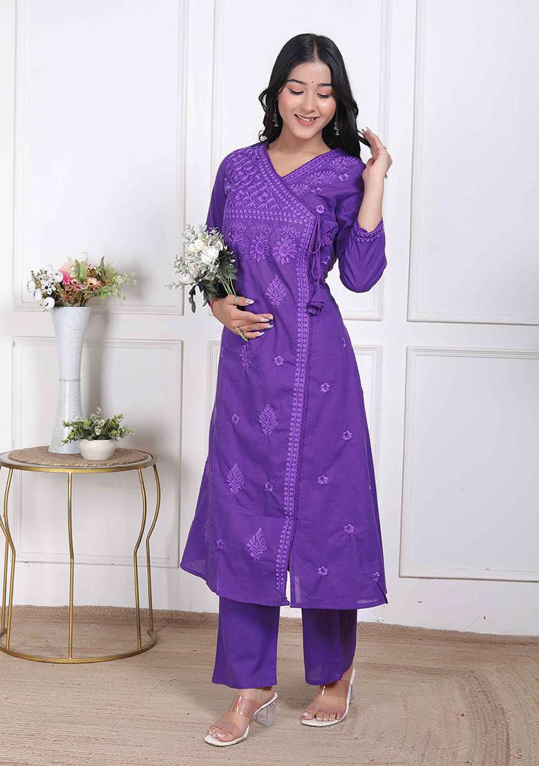 Purple Chikankari Cotton Straight Kurta Set - Indya
