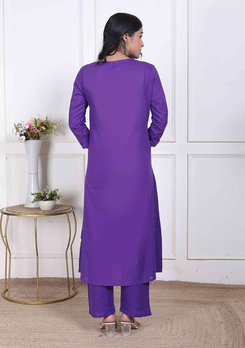 Purple Chikankari Cotton Straight Kurta Set - Indya