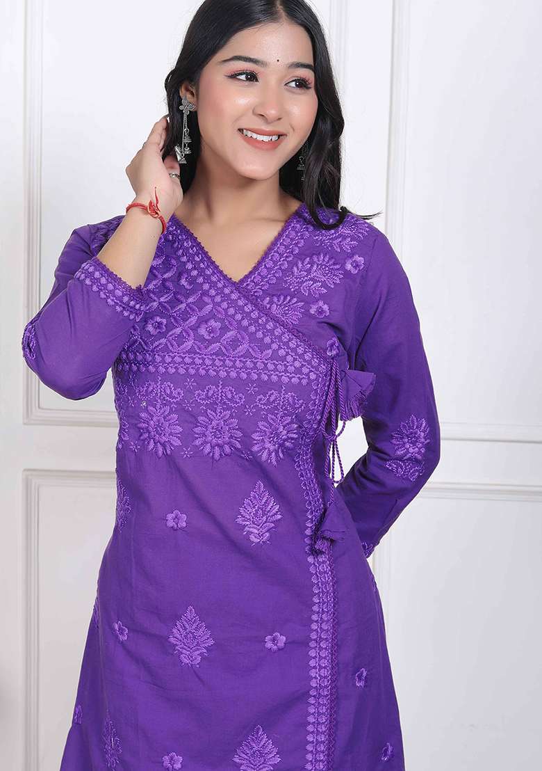 Purple Chikankari Cotton Straight Kurta Set - Indya