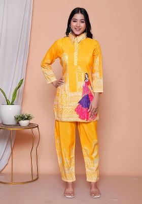 Yellow Digital Print Silk Kurta Set
