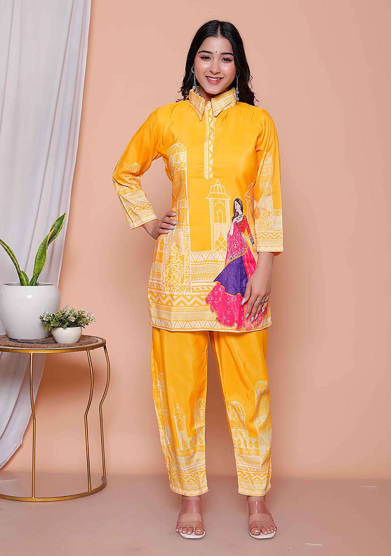 Yellow Printed Silk Blend Co Ord Set - Indya