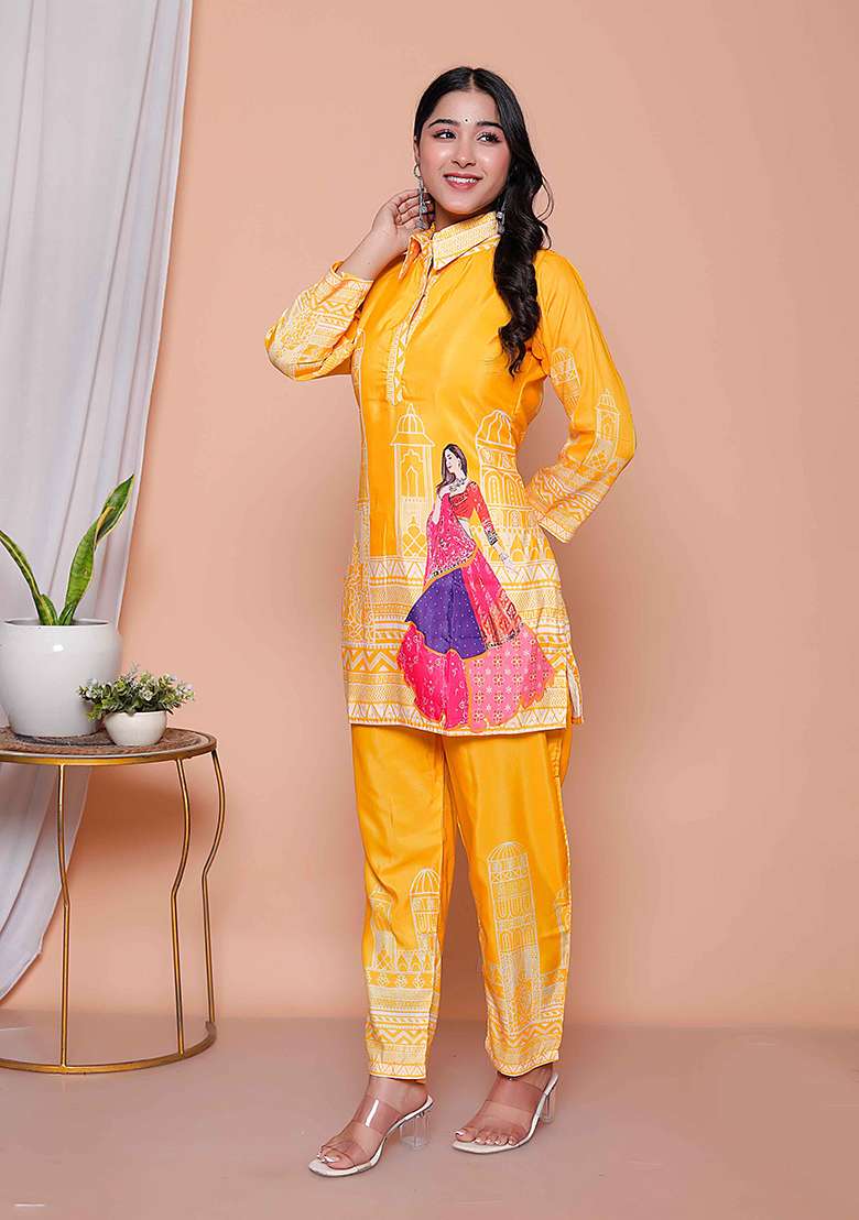 Yellow Printed Silk Blend Co Ord Set - Indya