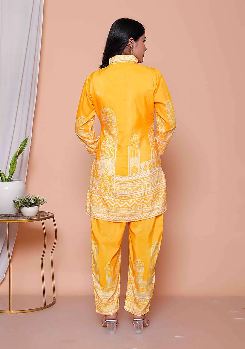 Yellow Printed Silk Blend Co Ord Set - Indya
