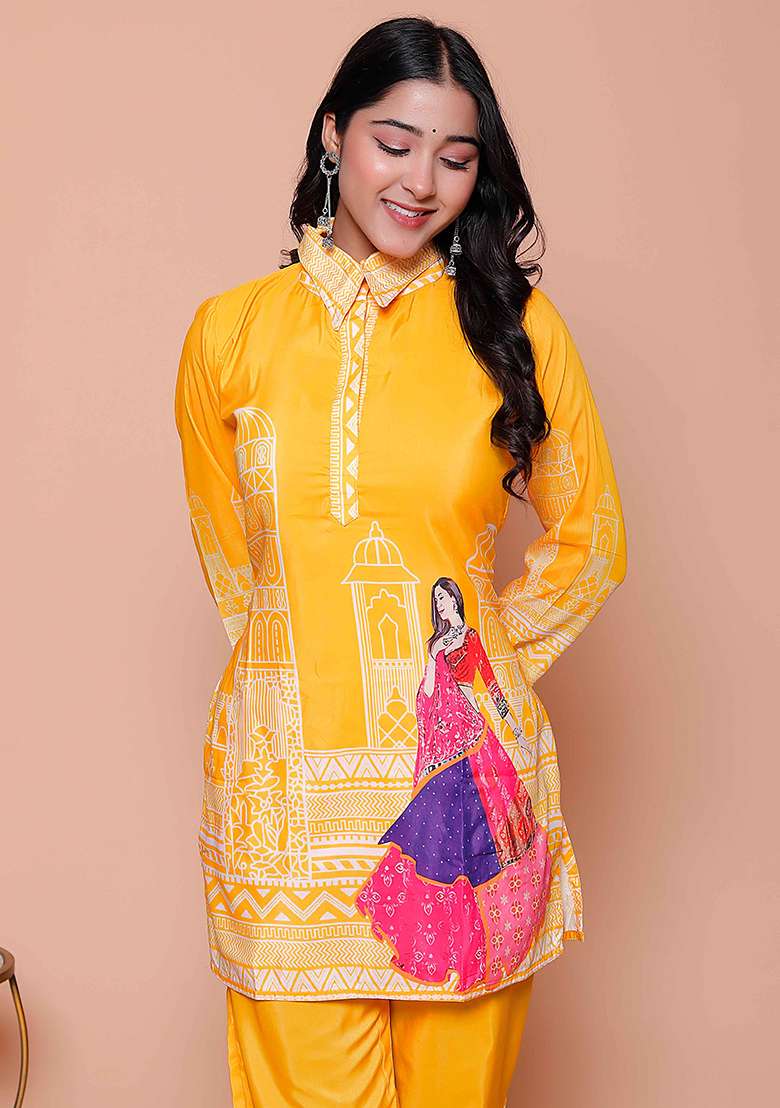 Yellow Printed Silk Blend Co Ord Set - Indya