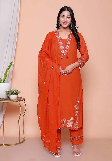 Rust Embroidery Cotton Kurta Set