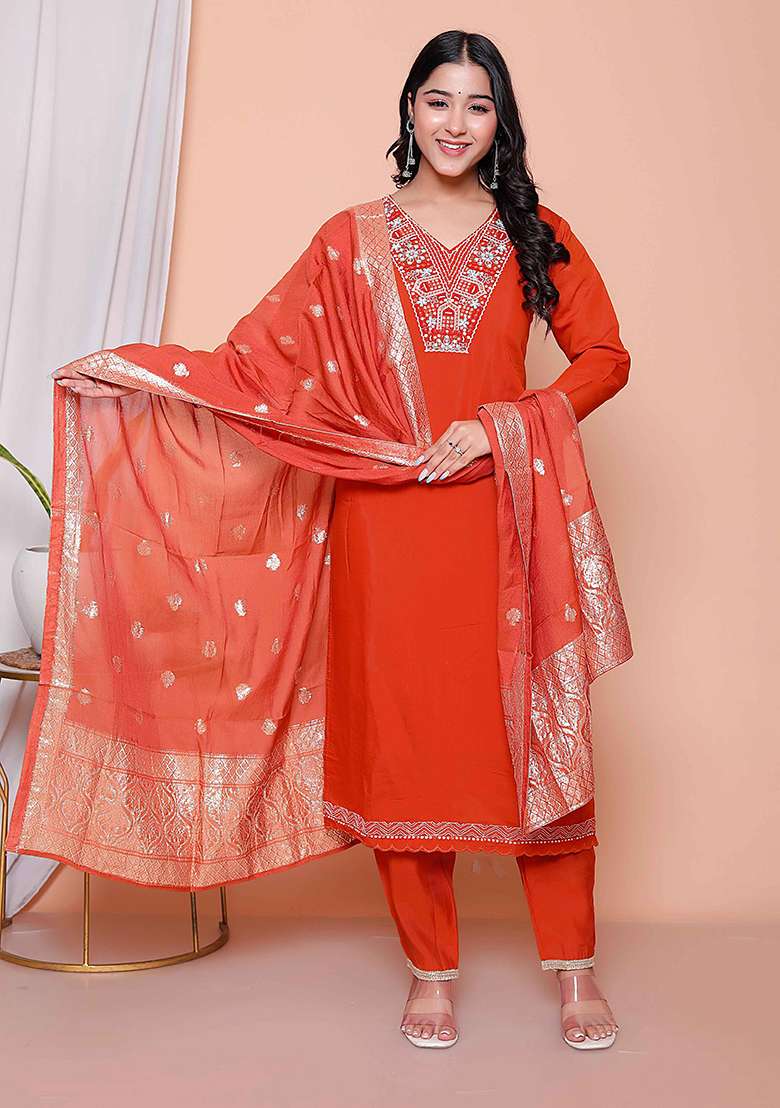 Rust Embroidered Silk Blend Straight Kurta Set - Indya