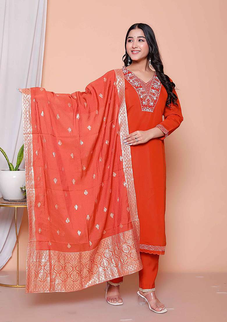 Rust Embroidered Silk Blend Straight Kurta Set - Indya