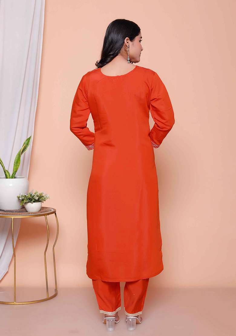 Rust Embroidered Silk Blend Straight Kurta Set - Indya