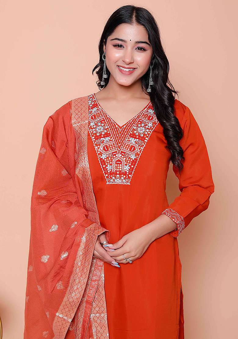 Rust Embroidered Silk Blend Straight Kurta Set - Indya