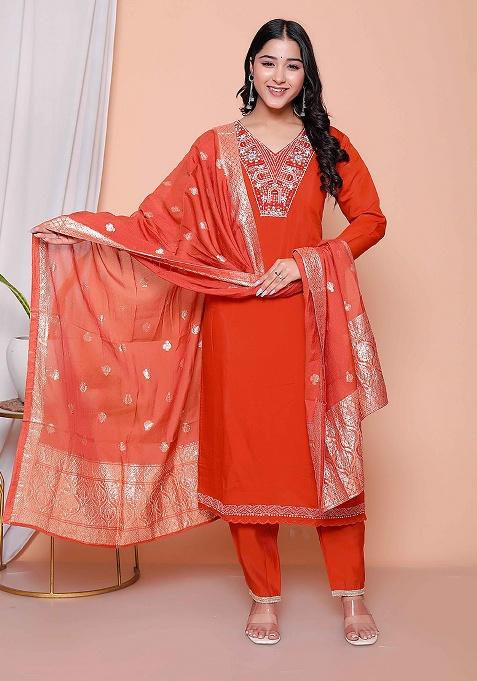 Rust Embroidery Silk Kurta Set