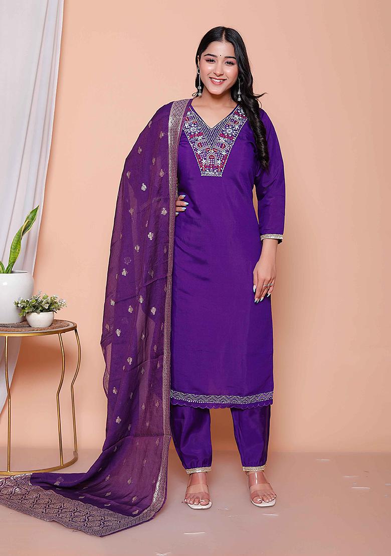 Purple Embroidered Silk Straight Kurta Set - Indya