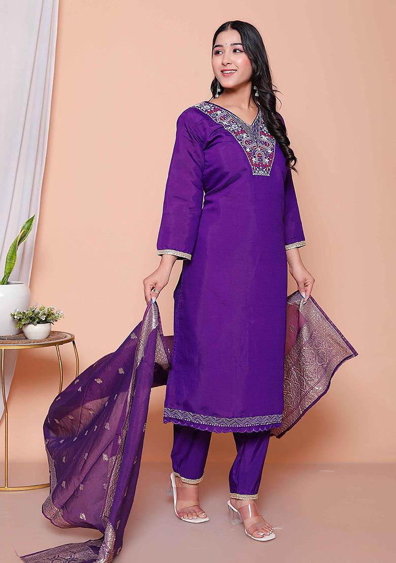 Purple Embroidered Silk Straight Kurta Set - Indya