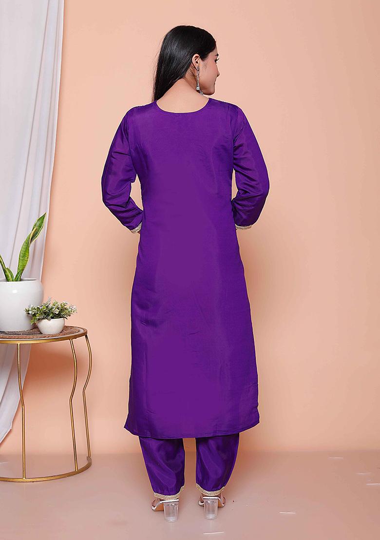 Purple Embroidered Silk Straight Kurta Set - Indya