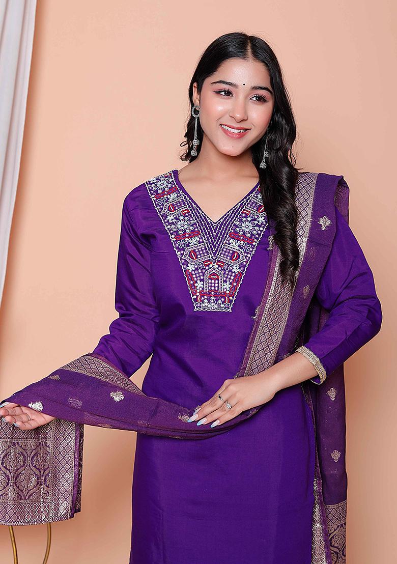 Purple Embroidered Silk Straight Kurta Set - Indya