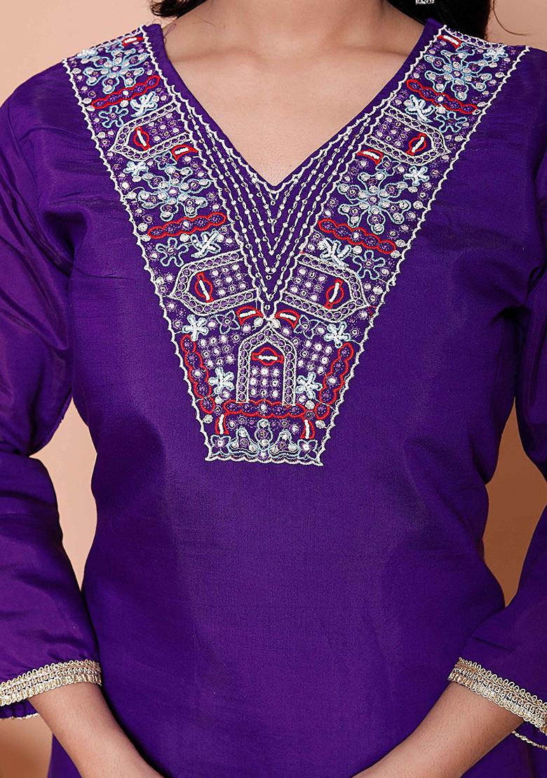 Purple Embroidered Silk Straight Kurta Set - Indya