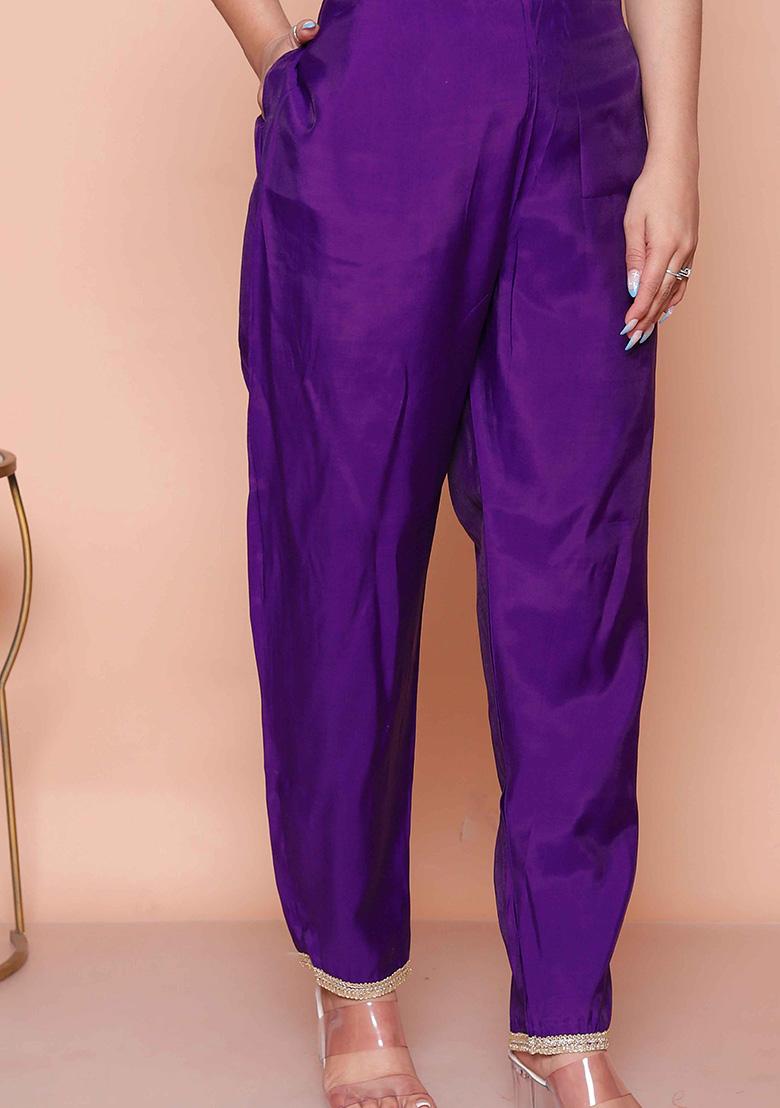 Purple Embroidered Silk Straight Kurta Set - Indya