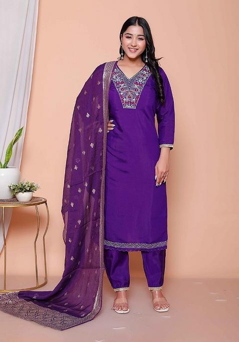 Purple Embroidery Silk Kurta Set
