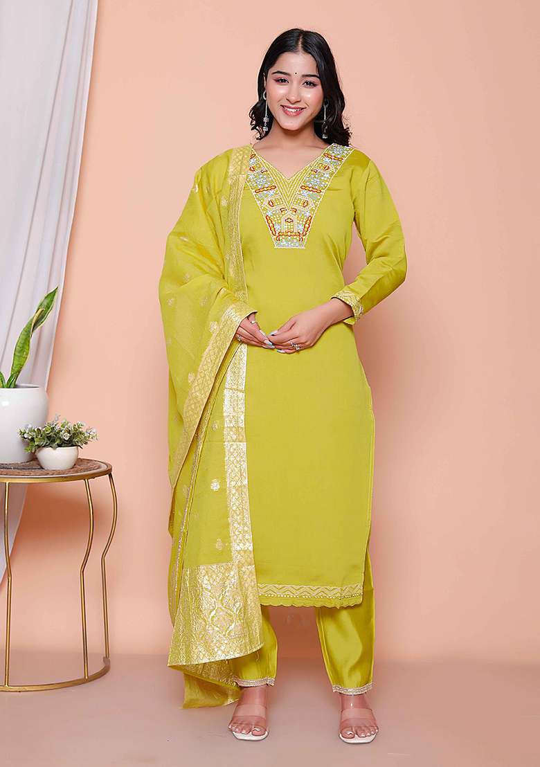 Yellow Embroidered Silk Blend Straight Kurta Set - Indya