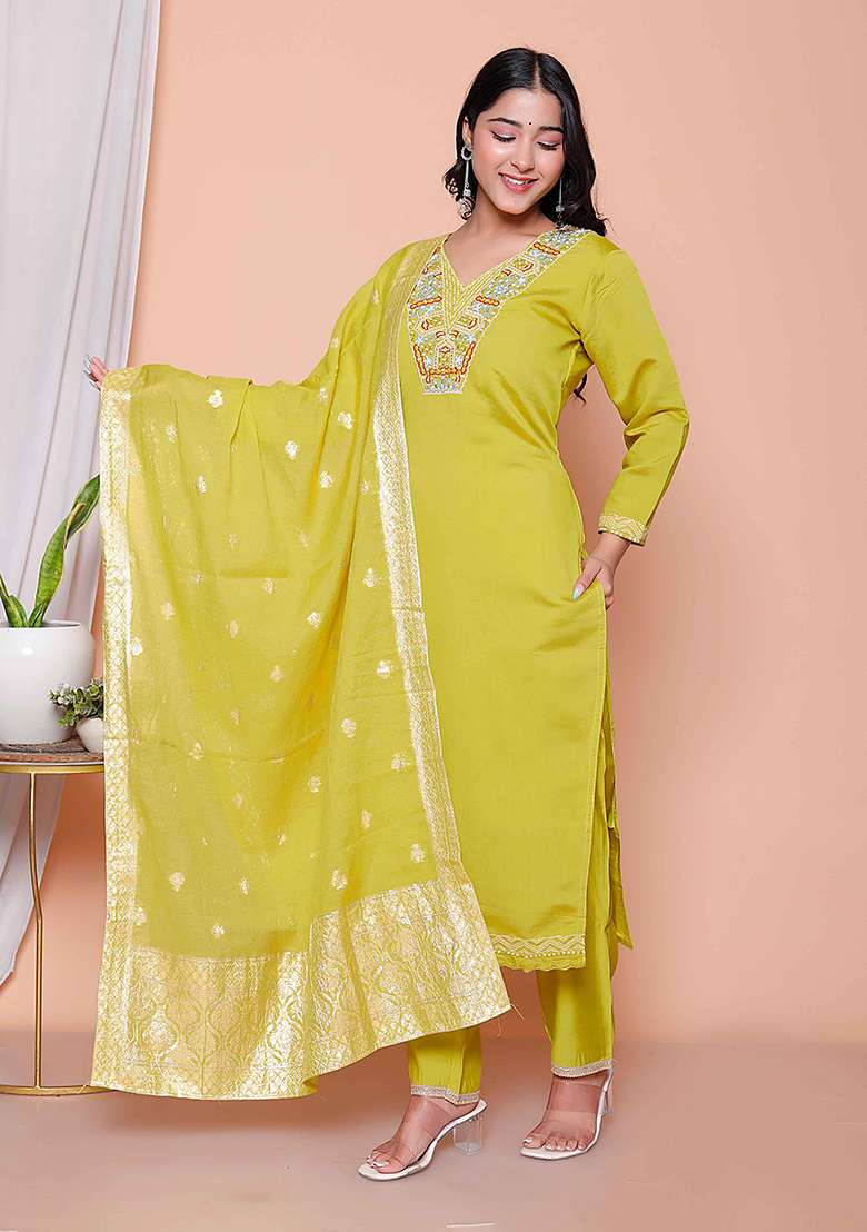 Yellow Embroidered Silk Blend Straight Kurta Set - Indya