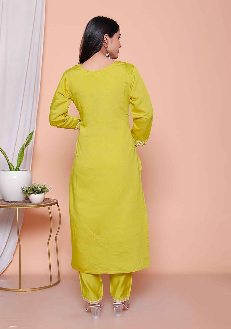 Yellow Embroidered Silk Blend Straight Kurta Set - Indya