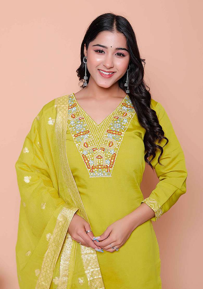 Yellow Embroidered Silk Blend Straight Kurta Set - Indya