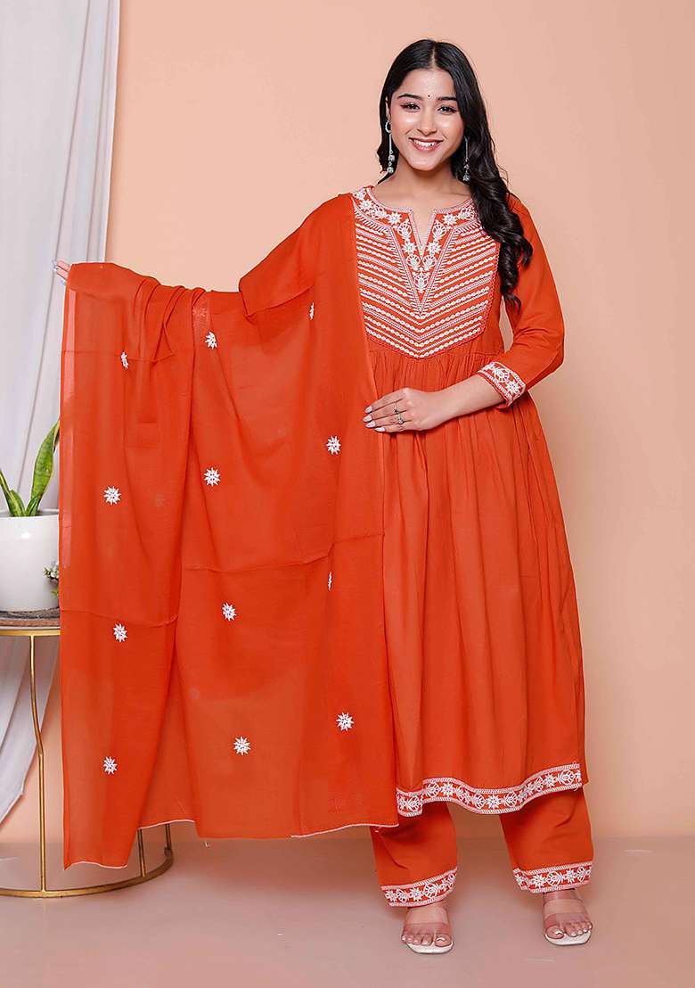 Rust Embroidered Cotton A Line Kurta Set - Indya