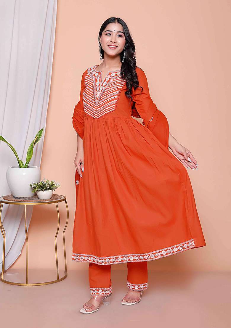 Rust Embroidered Cotton A Line Kurta Set - Indya