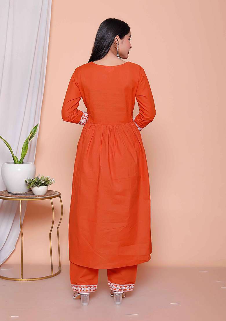 Rust Embroidered Cotton A Line Kurta Set - Indya