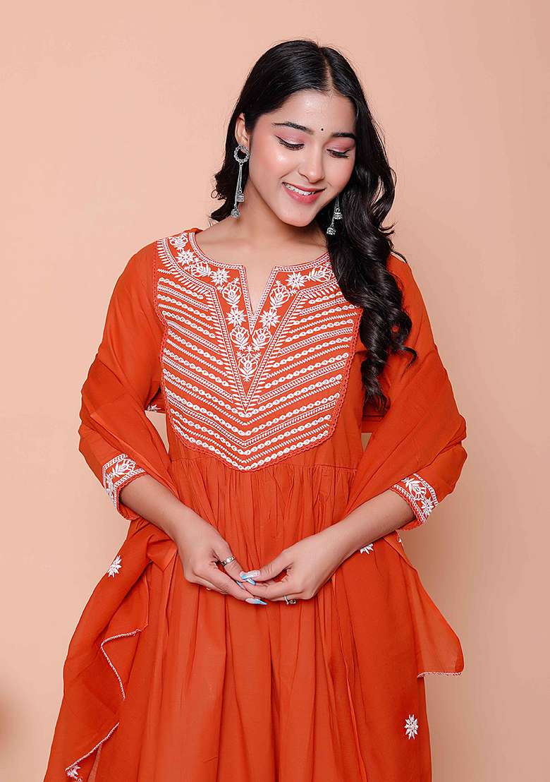 Rust Embroidered Cotton A Line Kurta Set - Indya