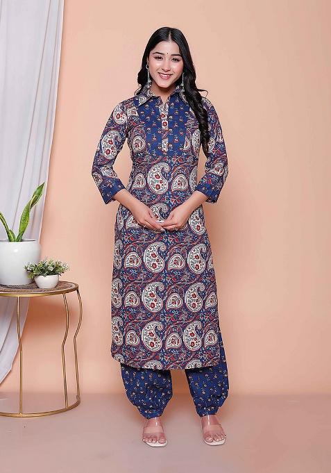 Blue Floral Cotton Kurta Set